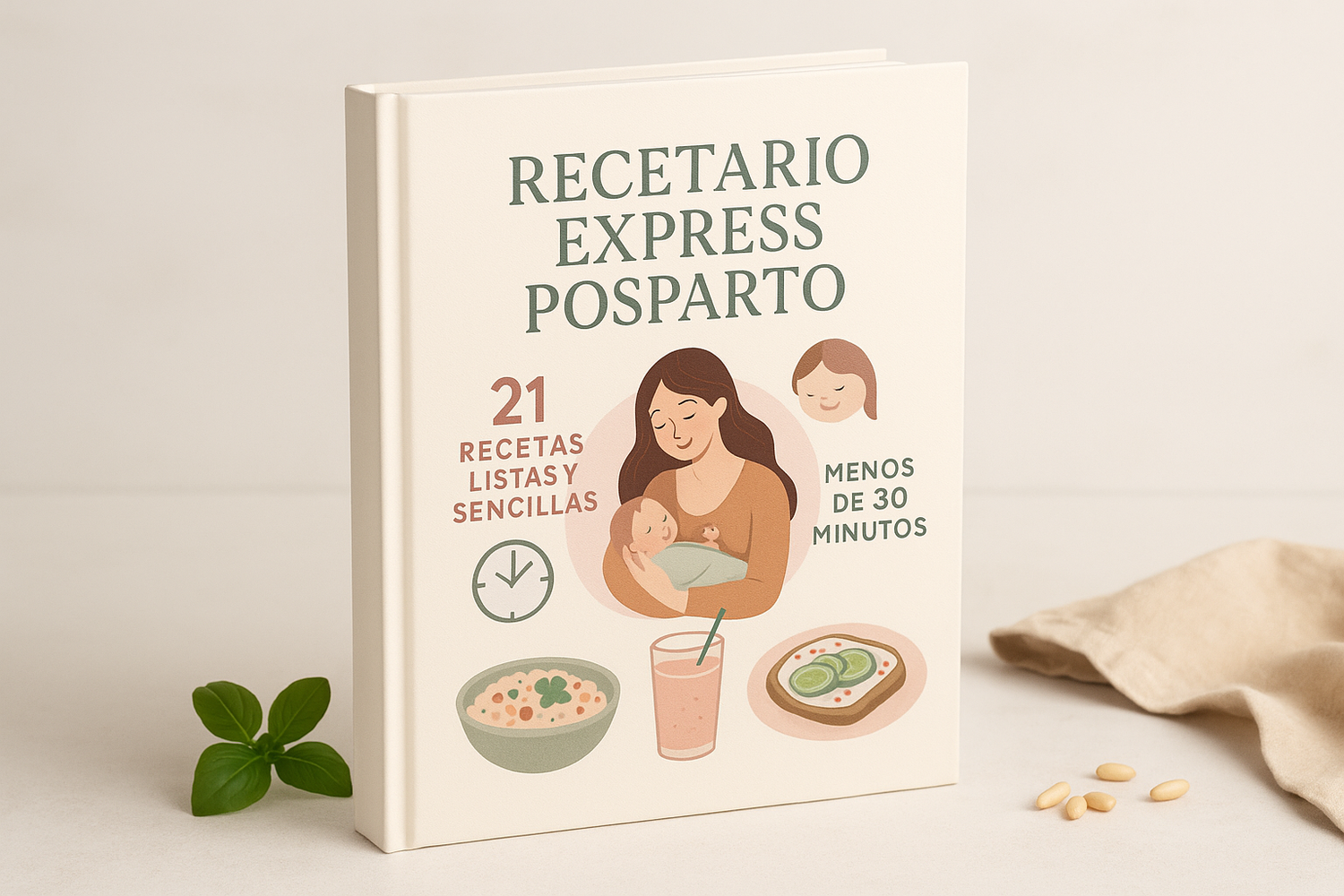 mockup de recetario expres posparto TM con 21 recestas listas y sencillas en menos de 30 minutos